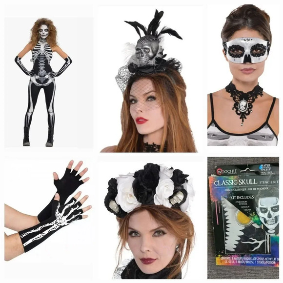 Halloween Skeleton Skull Headband Veil, Stencil Kit, Eye Mask Pack of 5 - Picture 1 of 6